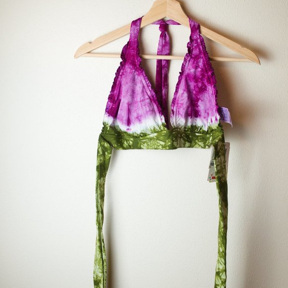 Green and Pink Bikini Top with Tie Back and Neck Lucky Brand Size L - Picture 3 of 3